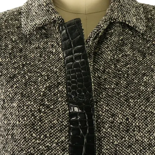 Max Mara  Italy Croc Embossed Leather Trim Black Wool Tweed Skirt Suit Jacket 12