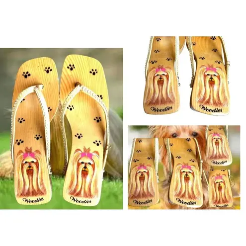 Woodies Yorkie Sandals Size 6 Heels Paw Print Throngs Long Hair Dog Pet READ Tan