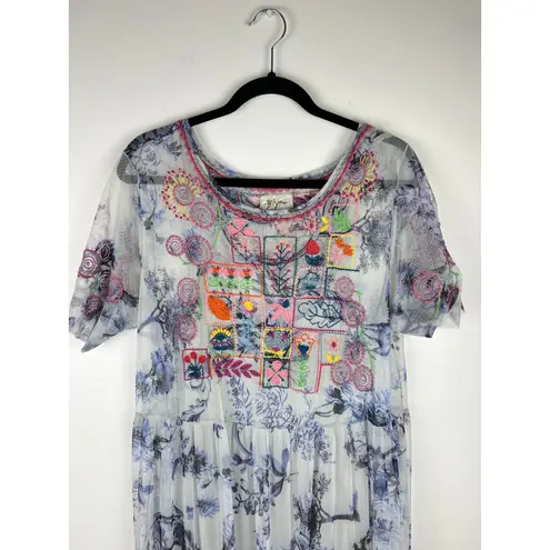 Johnny Was Logan Embroidered Mesh Tiered Maxi Dress Boho Floral Blue Large