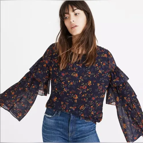 Madewell  Ruffle-Sleeve Top Blouse in Climbing Vine Navy‎ Blue Floral Size Medium