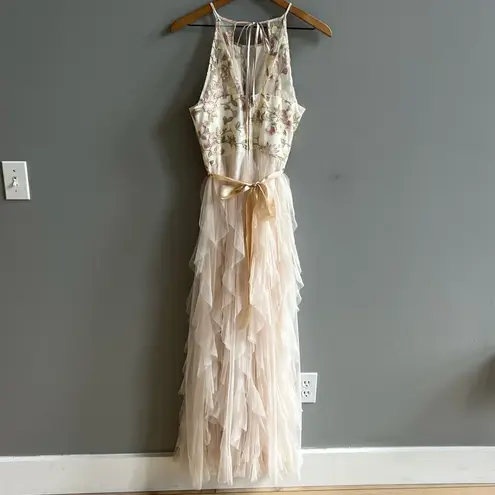 Teeze Me Nights by Champagne Floral Chiffon Tiered Ruffle Gown Size 7 Formal