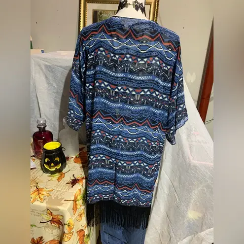 LuLaRoe  Monroe Kimono Blue Red White Black Fringe