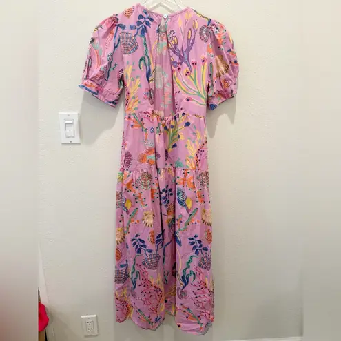 BANJANAN Valeria Midi Dress size Medium Pink Sea Beach Print Puff Sleeves