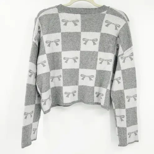 Sincerely Jules Womens Fall Bow Checkered Crewneck Knit Sweater Size L Gray Size L - Image 8