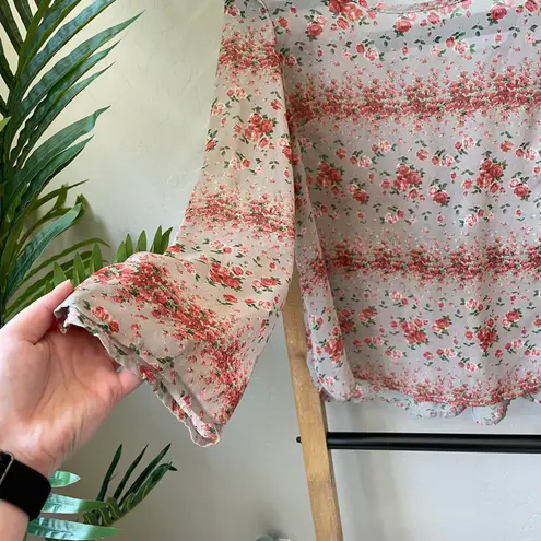 Lovely Day Floral Slightly Sheer Boho Long Sleeve Lace Up Back Top Blouse