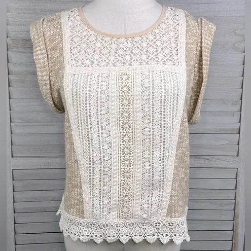 CHAMPAGNE & STRAWBERRY Short Sleeve Boho Sweater w Crochet Bodice Beige/Ivory