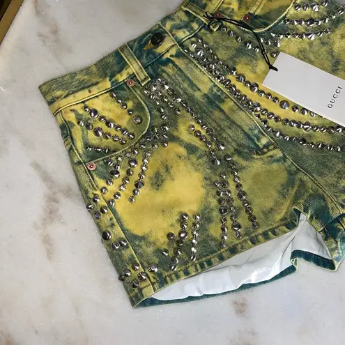 Gucci  Washed Studded And Tiger Embroidered Denim Shorts in Green/Yellow