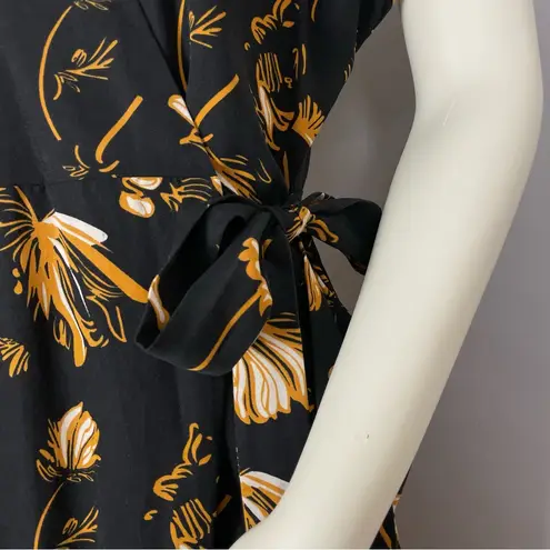 JUST Female Dress Elay Leaves Print Wrap Floral Black Golden Yellow Size Small