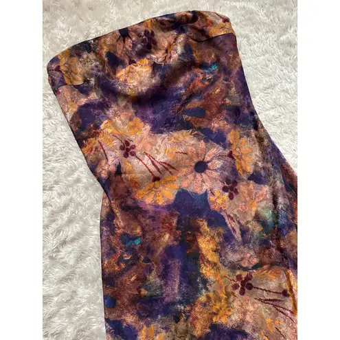 Fore Boutique Satin Purple Gold Floral Maxi Dress Strapless Open Cowl Back