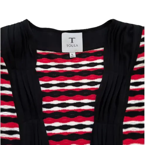 Toula Cardigan Sweater Black Red White Ruched 3/4 Sleeve Open Front Large