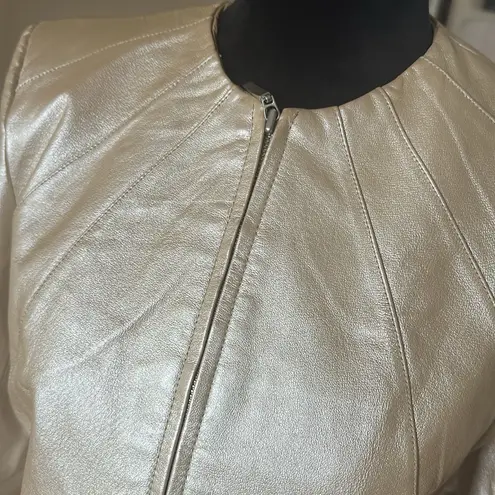 Dialogue ✨Metallic Gold Genuine Leather Jacket – XS, Luxe Minimalist Zip Front ✨