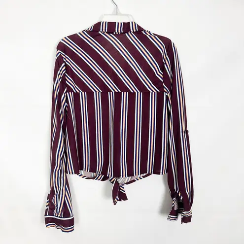 Passport Tie Front Button Down Striped Top Size XS Brown