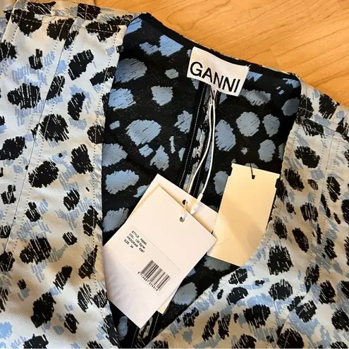 Ganni NWT Jacquard V-Neck Puff Sleeve Blouse in Leopard Print Size 34 XS
