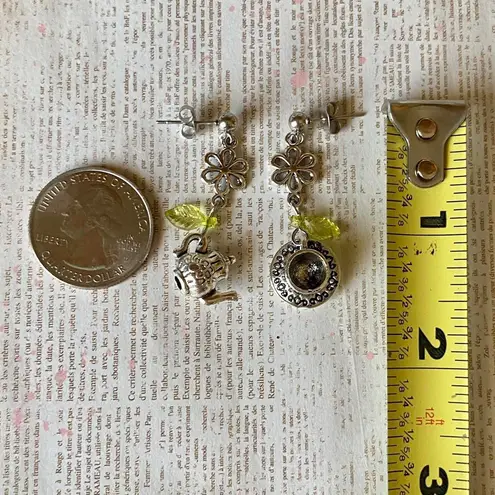 Handmade tea pot & cup unique fun fairy antique style dangle earrings🫖☕️🍃🌀