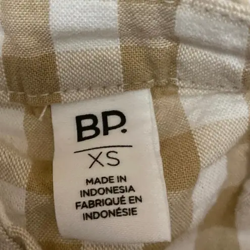BP. Beige White Gingham Check Short Puff Sleeve Open Back Cropped Blouse Top XS