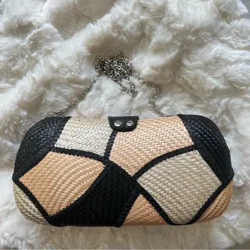 New Handmade Buntal Straw Clutch Purse Chain Strap Magnetic Snap Closure Tan Brown