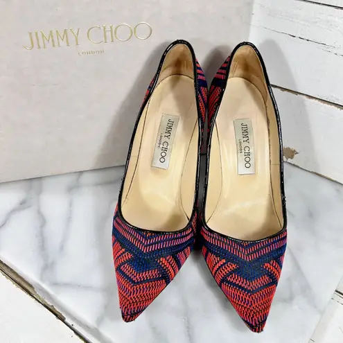 Jimmy Choo Red & Navy Geometric Pattern Woven Pointed Toe Heels