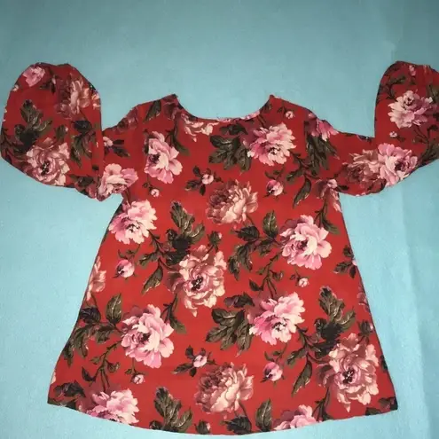 West Kei floral red blouse puffy balloon long sleeves v-neck hi-low NEW size S