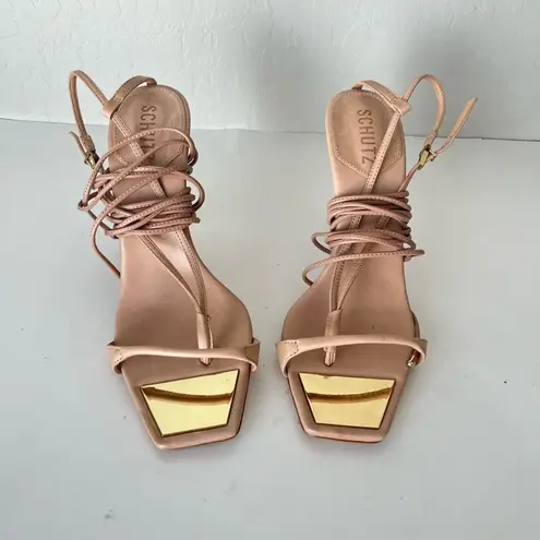 Schutz Vikki Leather Ankle Wrap Tie Strap Stiletto Sandal Heels Tan Size 9.5