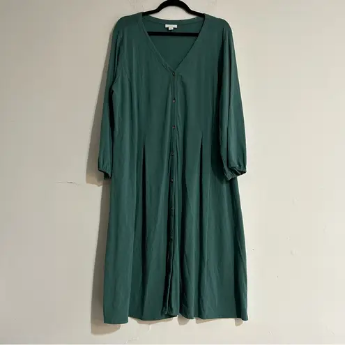 J. Jill Button Front Pleated Jersey Knit Long Sleeve Midi Dress Teal XL Tall Green