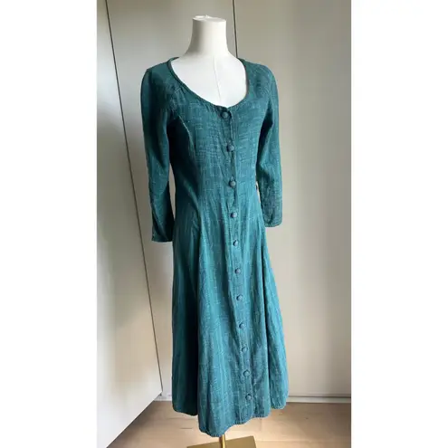 Vintage 90s cotton Dress Boho HIppie Folk Midi Fit Size Medium Green