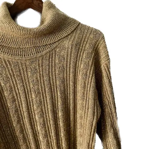 Vintage gold metallic sparkle ribbed knit turtleneck tunic sweater size medium M