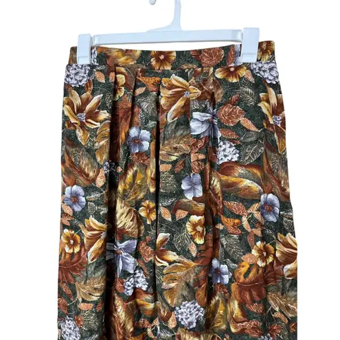 Vintage Panther Floral Midi Skirt Women's Size 16 Brown Green Pleated