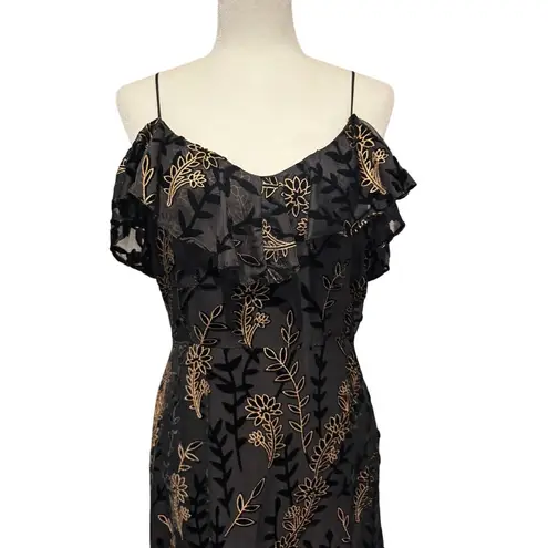 Lost + Wander Black Embroidered Ruffle Midi Dress Size L Boho Romantic Floral