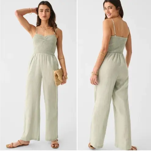 Faherty Mandy Smocked Linen Jumpsuit Desert Sage