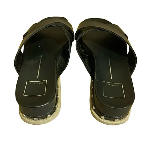 DOLCE VITA "GRACY" BLACK FAUX LEATHER SLIDE ON ESPADRILLE SANDALS (7.5)