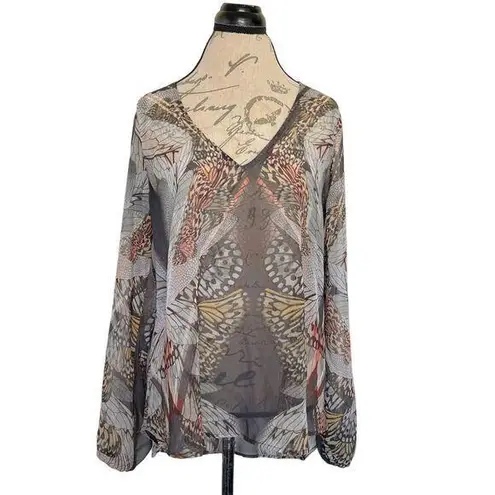 Lavender Brown  Womens Blouse Sheer Print V Neckline Tunic Bohemian Size Large