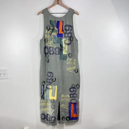 Vtg. V.C. Torias Linen Art Jumper Dress S/M Hand Painted Patchwork Made in USA Green Size undefined