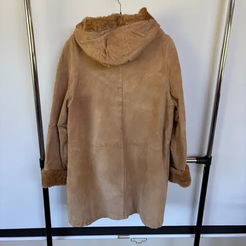 Vintage Leather Pennylane Coat Faux Fur Trim Longline Winter Heavy Hooded Medium Tan