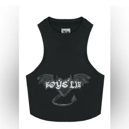 Boys Lie Tank Top One Size Black Bat Ribbed Crop Studded Gothic Y2K Streetwear