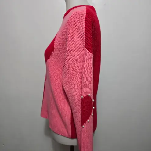 INC International Concepts Heart Color Block Pearl Detail Sweater Red