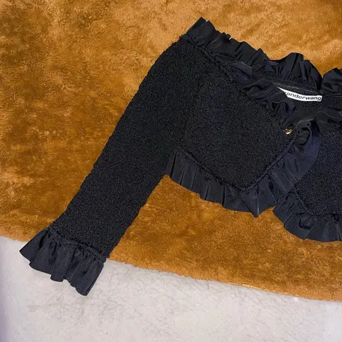 Alexander Wang Black Off the Shoulder Crop Ruffled Stretch-Seersucker Cardigan