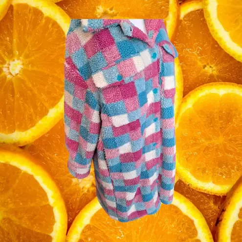 Cozy Sherpa Checkered Shacket Pink Blue White Womens Long Jacket Size XL