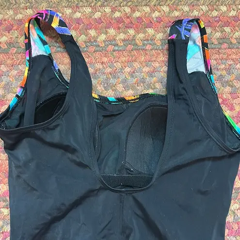 VTG INCHES AWAY RAINBOW ABSTRACT WRAP FRONT ONE PIECE BIKINI SCOOP BACK Black Size M