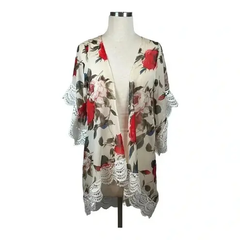 FLORAL AND LACE KIMONO CARDIGAN SHORT SLEEVE FLOWY FEMININE WOMEN'S SIZE SMALL Red