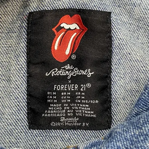Forever 21 ROLLING STONES Denim Sleeveless VEST Womens M Patch on Back Logo Front Pocket‎