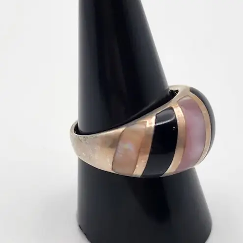 Ken Craft Sterling Silver Mother of Pearl & Onyx Inlay Ring (10)