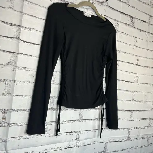 Black Fitted Long Sleeve Tie Front Lace Blouse Ribbed SZ S Stretch Crew Top Y2K