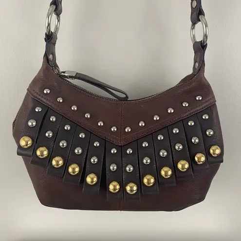 B Makowsky Brown Pebble Leather Western Boho Studded Fringe Crossbody Bag Purse