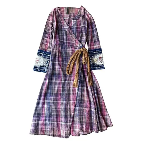 Aratta Silent Journey Boho Plaid Purple Pink Wrap Dress Size XS