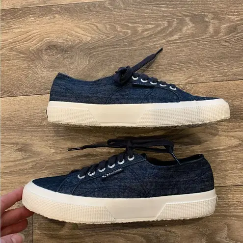 Superga  athletic shoes.  Size: 8 (women’s).  Denim look.