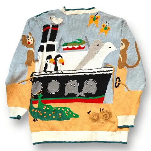 Vintage Noahs Ark Cardigan Sweater Linen Cotton Colorful Animal Print 90s Small Blue