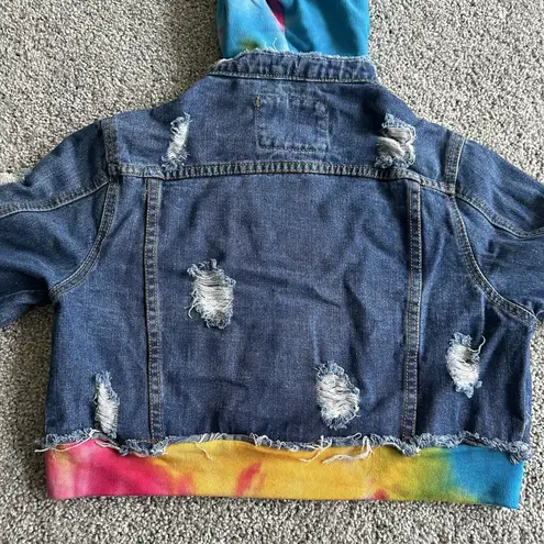 American Bazi Hooded Denim women Jacket With Tie-Dye Trim cropped distressed
