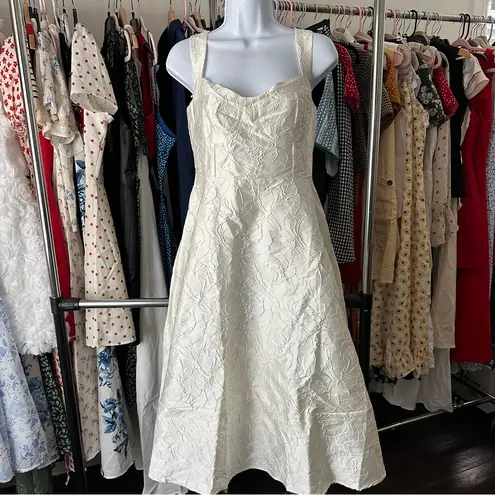 Rihoas White Sweetheart Neck Jacquard Midi Dress Size M