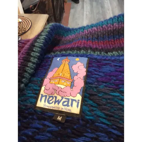 Vintage Wool Print Newari Cardigan Wood Button Up Sweater Medium Nepal Crochet