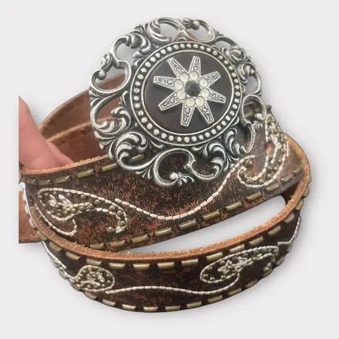 Bill Alder Brown Leather Belt with Silver Noona Buckle, Woven Floral Detailing